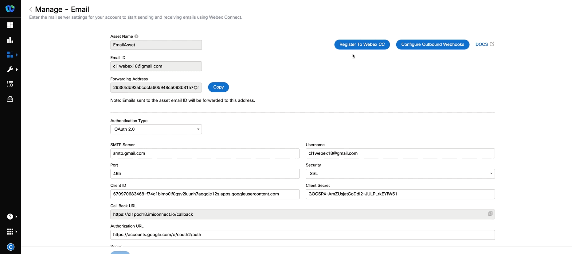 Register Email Asset to Webex CC